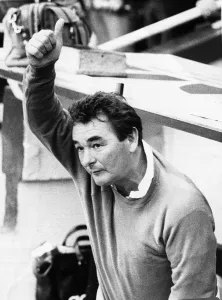 Nottingham Forest manager Brian Clough gives the thumbs up from the touchline dug out