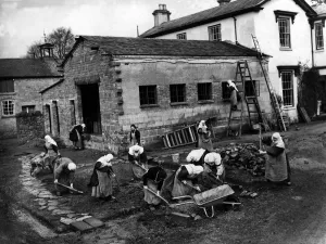 Ladders Prints: Nuns build a convent. Every moring 18 nuns don aprons over their habits