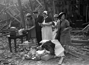 Nm20060306 Prints: Nurses take a record of the remains in the midst of the bomb damage at London Hospital