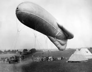 00071 Prints: Observation balloon seen here being inflated at Epsom race course by members of