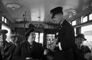 Vauxhall Prints: Office Cleaner Mrs Packham seen here on the tram from Vauxhall to Central London