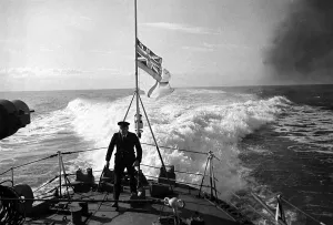 00169 Prints: Officer on the stern of a Royal Navy Destroyer on exercise off the west coast of Scotland