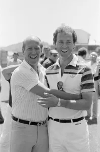 01165 Prints: Old friends and adversaries, Bobby Charlton & Franz Beckenbauer pictured together