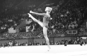 Olga Korbut competes in the Womens European Gymnastic Championships, Wembley Arena, London