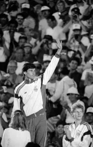 00015 Prints: Olympic Games 1984 Los Angeles USA Sebastain Coe celebrates on the podium after