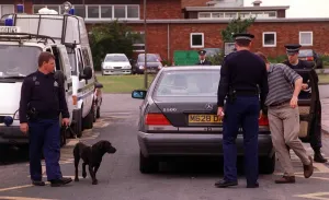 Security Dog Prints: Open Golf championships Birkdale 1998 security spectators are searched by police