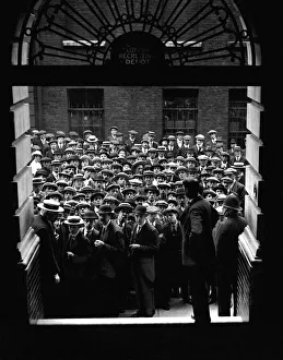 Recruitment Prints: The outbreak of World War One. Men queue to join the army at Scotland Yard