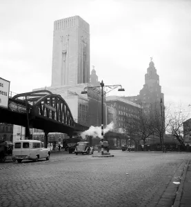 The Overhead Railway Bridge in Liverpool 1955 on the approach to the Liver Building