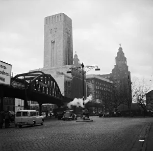 The Overhead Railway Bridge in Liverpool 1955 on the approach to the Liver Building