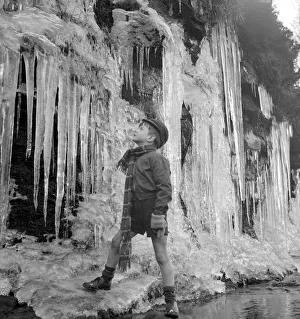 00189 Prints: Paddy Lloyd inspects the icicles close to his Derbyshire home December 1952
