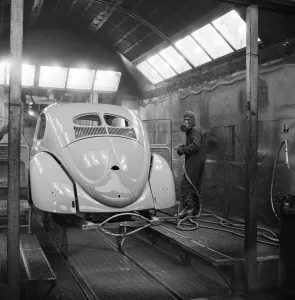 Spray Prints: The paint shop at the Volswagen factory at Wolfsburg, Germany. December 10th 1952