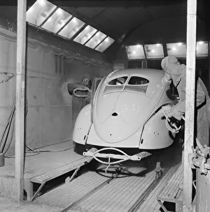 Spray Prints: The paint shop at the Volswagen factory at Wolfsburg, Germany. December 10th 1952
