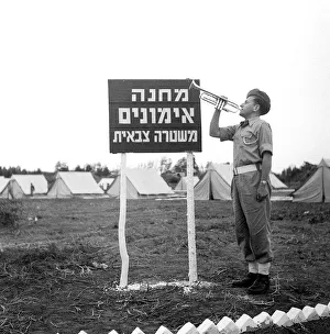 Palestine Prints: Palestine Israeli Army 1947 A bugler plays his instrument to wake up the recruits