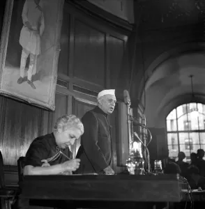 Pandit Jawaharlal Nehru at his press conference held at India House during his visit to