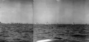 D Day Prints: A panoramic view showing the great armada of warships and merchantmen standing by before