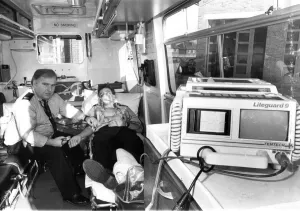 Paramedic Tommy Birdsey demonstrates the latest lifesaving equipment witht the help of