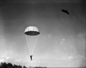 Paratroop Training at RAF Ringway, Manchester. England. Paratroopers seen jumping