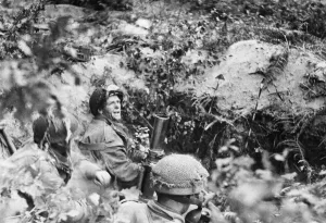 Camouflage Prints: Paratroops in action with 3 inch mortars firing on enemy positions across the Rhine