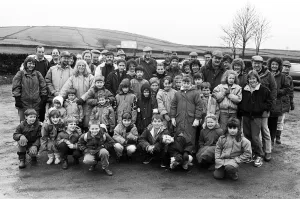 Parent s, teachers and pupils from Newsome Junior School ready to start the Bilberry