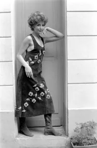 Paris fashions: Pix taken at Torrente: - Brigitte in brown suede dress arrive with beige