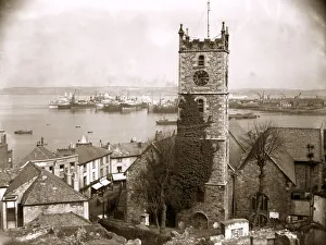 00202 Prints: The parish church at Falmouth, Cornwall overlooking the busy harbour