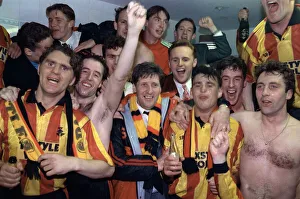 Arms Raised Prints: Partick Thistle players led by manager John Lambie celebrate their victory over Forfar in