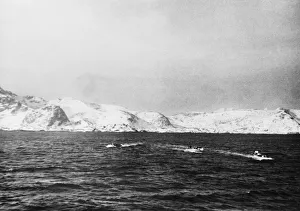 Mountains Prints: Parties of British troops returning to the ships after the raid on the Lofoten islands