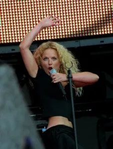 Party in the Park 1999. Geri Halliwell on stage Jul 99 performing to an audience