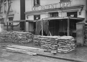 Hospitals Prints: The Out Patients Department of Birminghams Queen Elizabeth Hospital sandbagged in