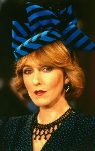 00192 Prints: Patricia Hodge actress July 1987 WEarin gblue and black striped hat