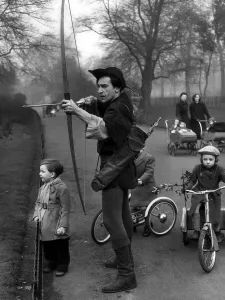 Aiming Prints: Patrick Troughton actor dressed as Robin Hood March 1953 in Battersea Park in