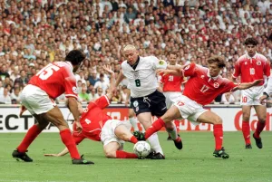 Paul Gascoigne in action for England against Switzerland during the opening game of