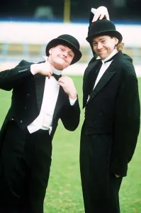 Bowler Hat Prints: Paul Gascoigne footballer with Chris Waddle as Laurel and Hardy Circa May 1990