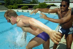 Sun Bathing Prints: Paul Gascoigne seen here playing about beside the pool at the England Teams hotel in