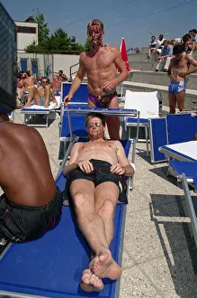 Paul Gascoigne seen here playing about beside the pool at the England Teams hotel in
