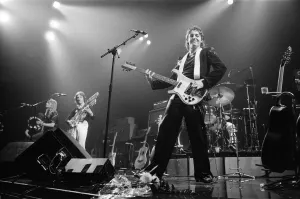 Bands Prints: Paul McCartney, formerly of The Beatles, singing with Denny Laine of their group Wings