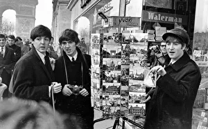 00145 Prints: Paul MCCartney (left), George Harrison and John Lennon on the Champs Elysees before Ringo
