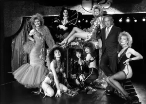 Paul Raymond with girls dancers from Paul Raymond Revuebar 1988