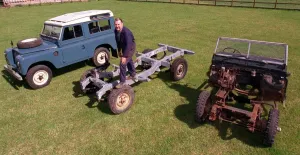 Paul Watson with Land Rovers July 1998 in stages of building Earlston Glenburnie Farm