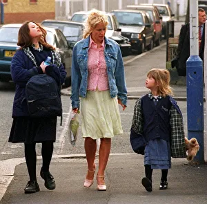 PAULA YATES WALKS TWO OF HER DAUGHTERS FIFI TRIXABELLE AND PEACHES TO SCHOOL TODAY