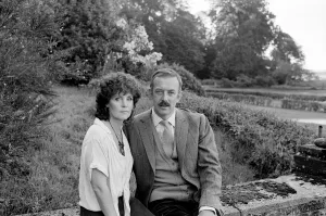 Pauline Collins and Roy Marsden on the set of The Black Tower'in Norfolk