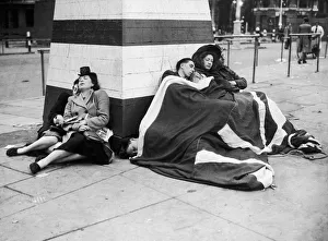 Peace 1945 - Londoners sleep through the early hours of the morning after a night of