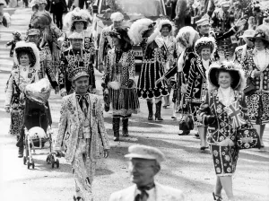Men And Women Prints: Pearly Kings and Queens seen here marching in the 1985 Battersea Easter Parade