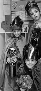Brothers Prints: Peeping around the Bethlehem stable door, The Three Wise Men bearing gifts of Gold