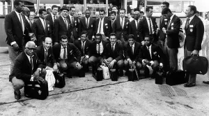 Pele and Brazil football Team arrive at London Airport June1966 for the 1966 World Cup in