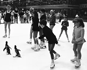 Two penguins, pretending not to notice all the other ice skaters are quite unconcerned by