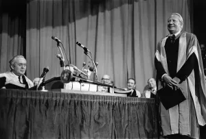 Degree Prints: People. Harold Wilson Confers degree on Edward Heath at Braford University