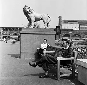 Statue Prints: People taking their lunch break at Festival Southbank Gardens, London. 13th May 1954