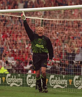 Peter Schmeichel Manchester United goalkeeper celebrates after saving penalty kick during