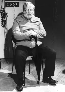 Peter Ustinov as his twin brother who stays on earth in the film Einsteins Universe